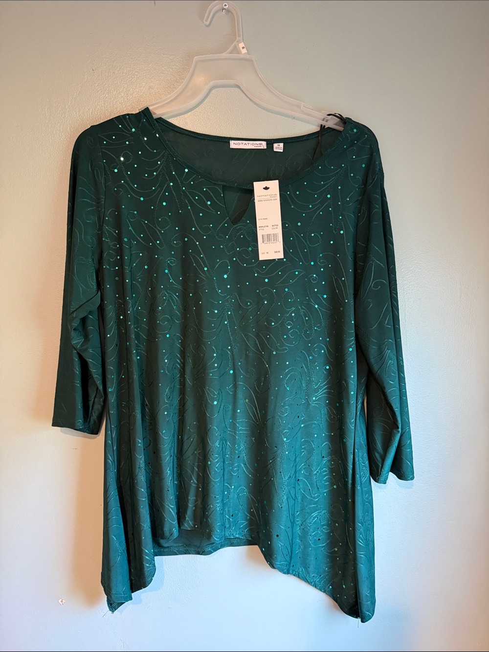 Notations Teal Green Swirl Keyhole 3/4 Sleeve Top